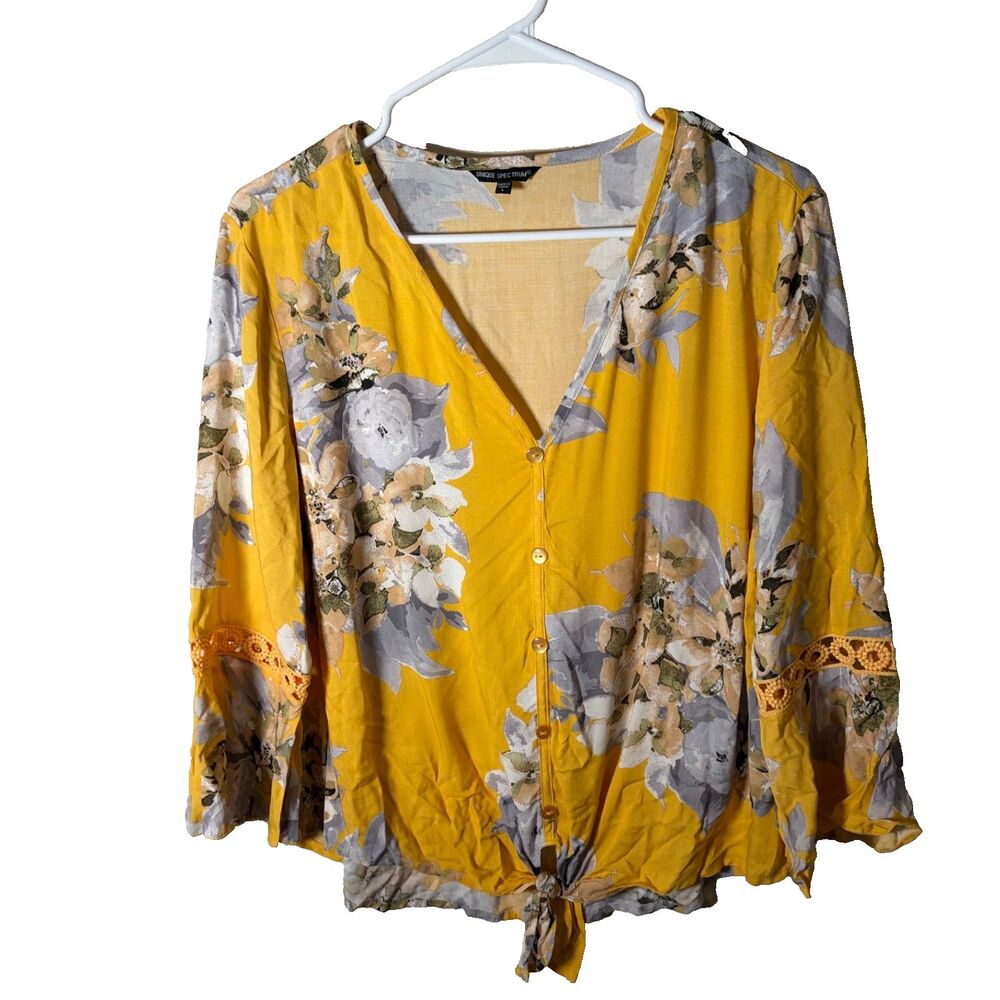Unique Spectrum Blouse Women's Large Yellow Floral Button Up Tie Lace Casual